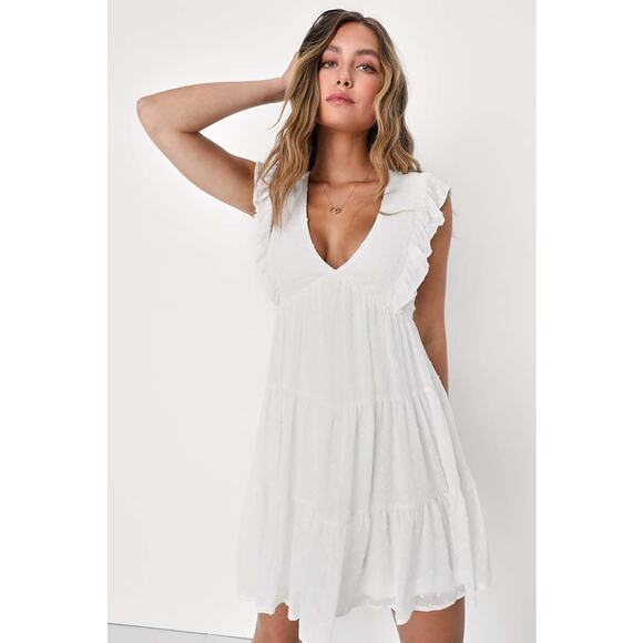 Lulu's Dresses & Skirts - NWT Lulus Dreamy Designs White Ruffled Tiered Swiss Dot Mini Dress Summer Sz M